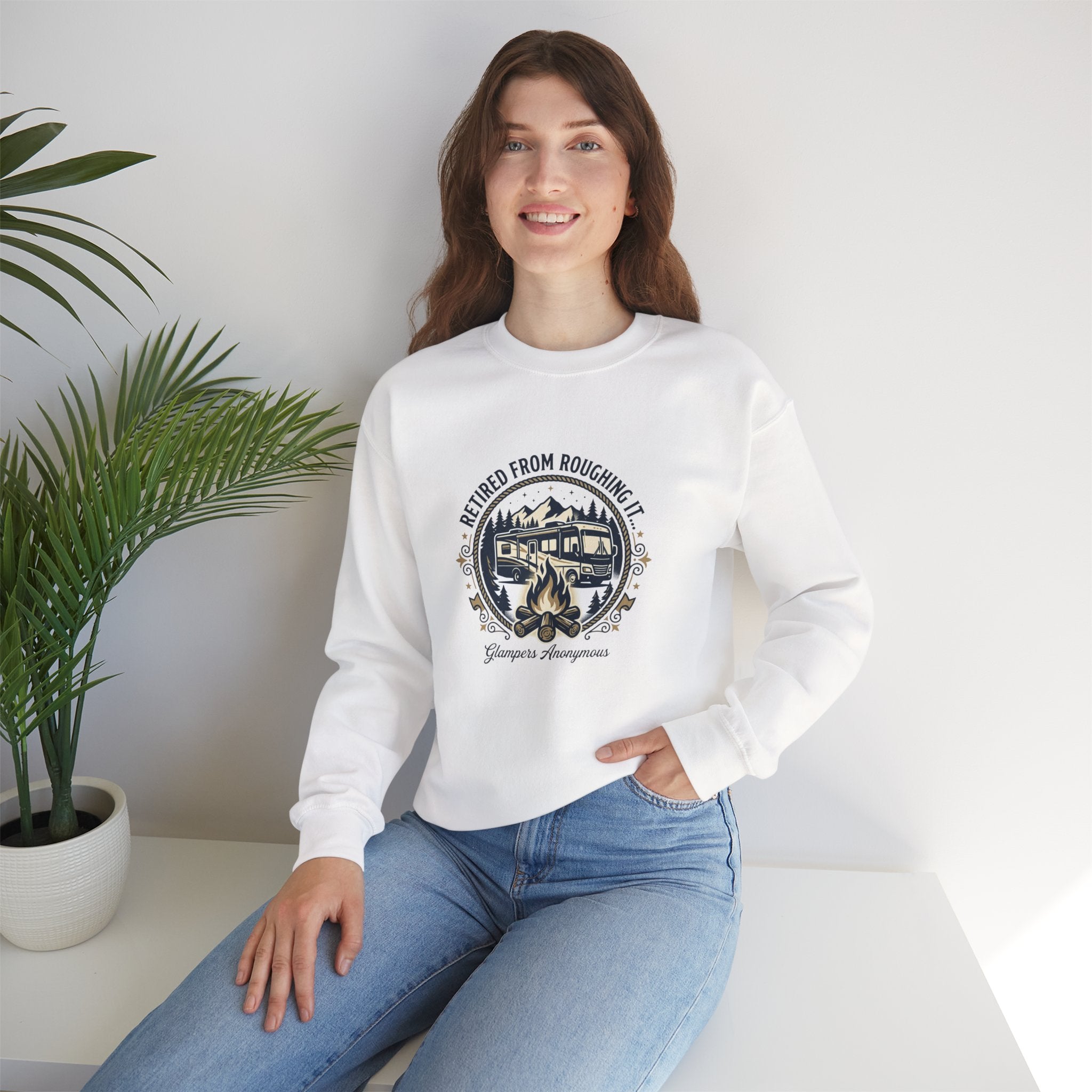Glamping-Retired From Roughing It Crewneck Sweatshirt — RV & Camping Campfire Pullover