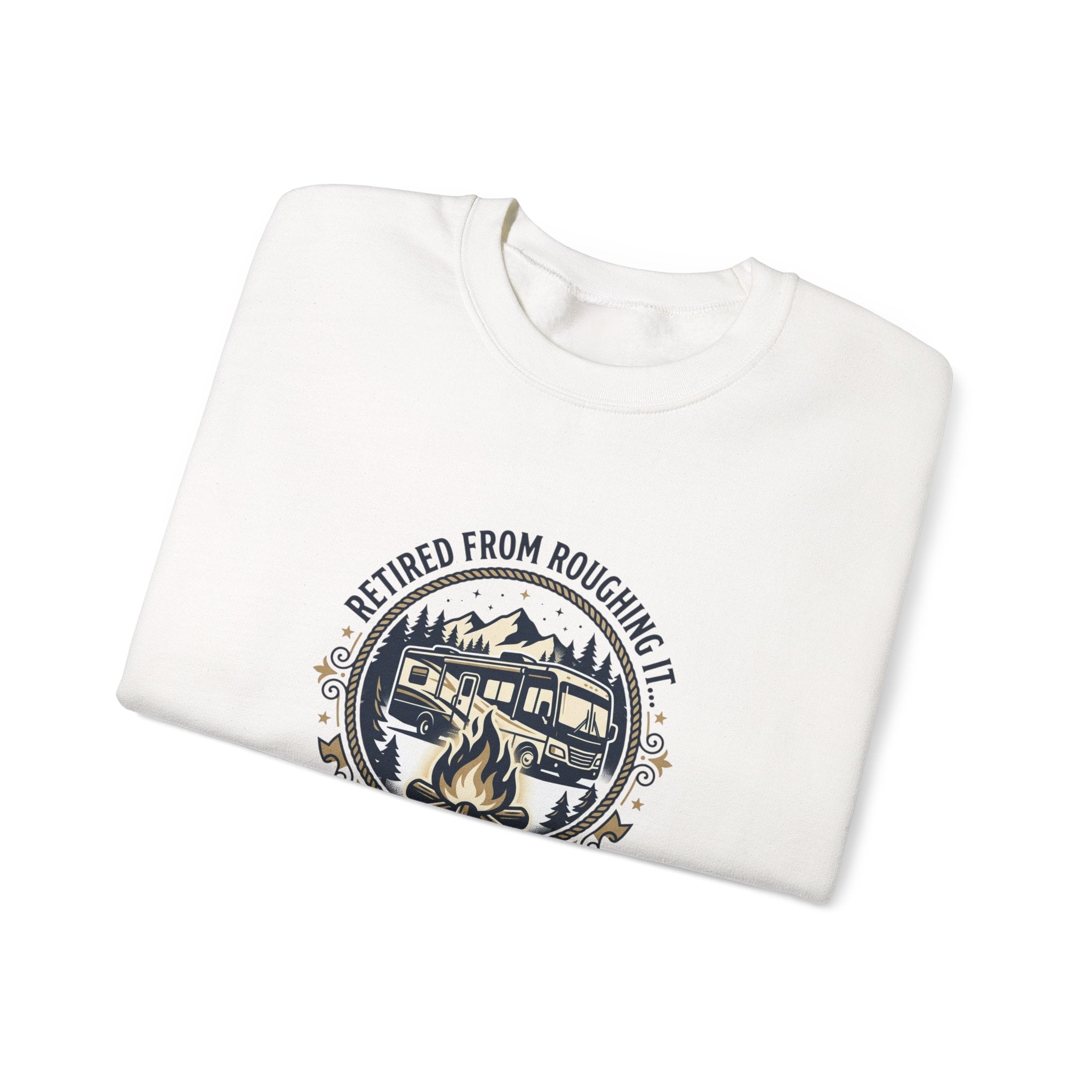 Glamping-Retired From Roughing It Crewneck Sweatshirt — RV & Camping Campfire Pullover