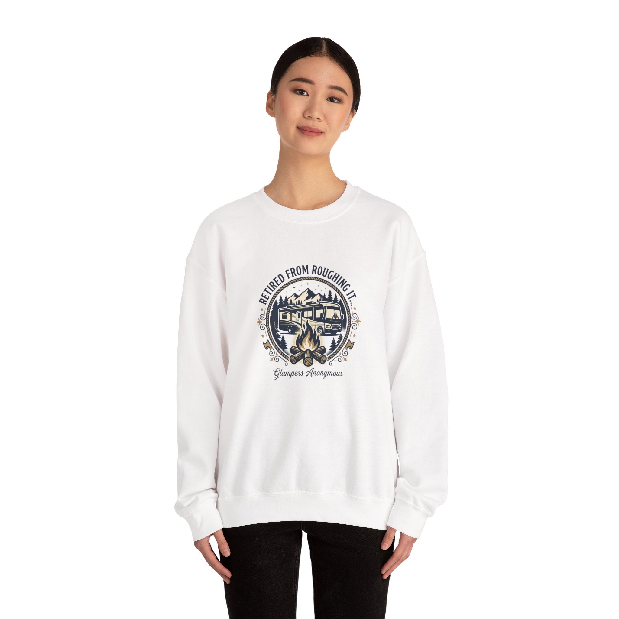 Glamping-Retired From Roughing It Crewneck Sweatshirt — RV & Camping Campfire Pullover