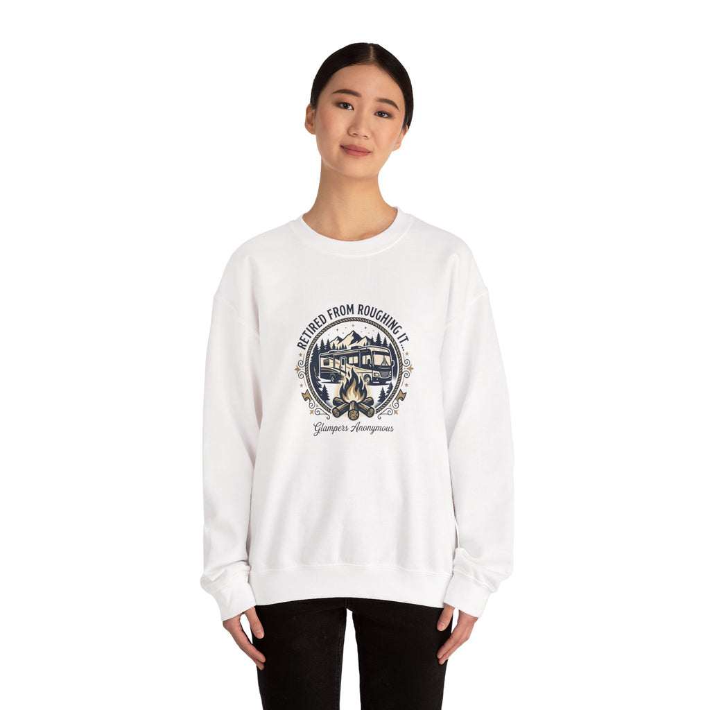 Glamping-Retired From Roughing It Crewneck Sweatshirt — RV & Camping Campfire Pullover