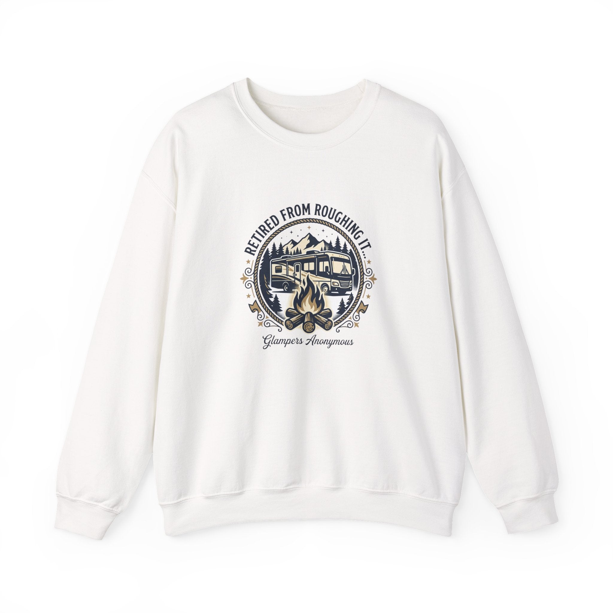 Glamping-Retired From Roughing It Crewneck Sweatshirt — RV & Camping Campfire Pullover